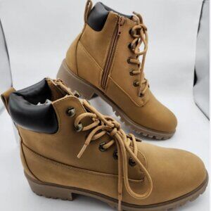 Madden Girl FFLYJ101 Tan Combat Boots Women’s 9 Lace-Up Side Zip Chunky Heel